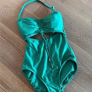 Women’s Green Ribbed One-Piece Swim Suit with Ruched Front Tie Key Hole